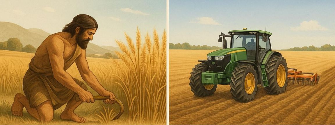 Neolithic farmer harvesting wheat beside a modern GPS-guided tractor