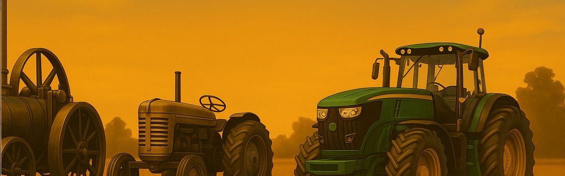 Steam tractor, mid-century row-crop tractor, and modern GPS-guided tractor lined up at sunrise