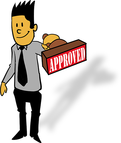 Illustration of a man holding a large 'Approved' stamp, signifying Crest Capital as a trusted equipment finance company for specialized vehicles