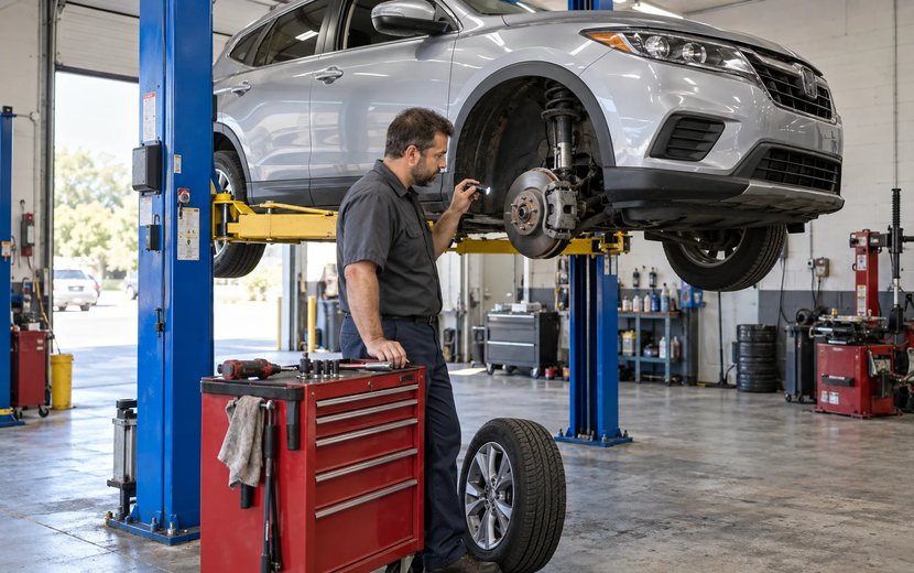 Mechanic inspecting a brake rotor on an SUV raised on a two post lift in a small repair shop