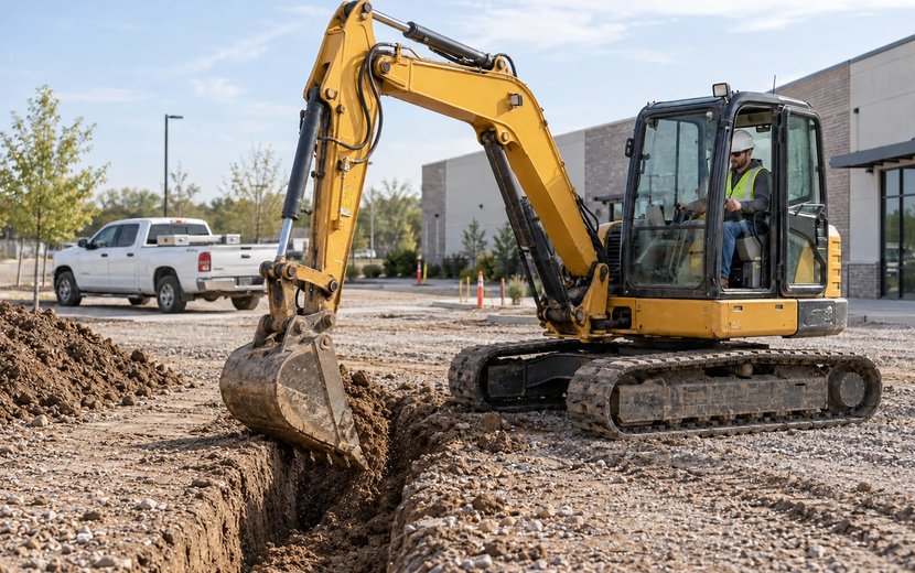 Operator digging a trench with a compact excavator at a small commercial job site