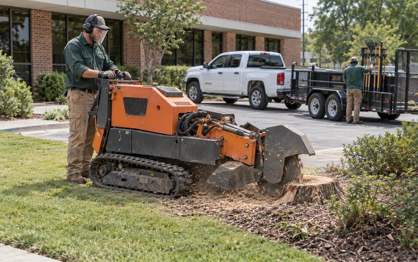 Landscaping crew grinding a stump with a tracked stump grinder at a commercial property