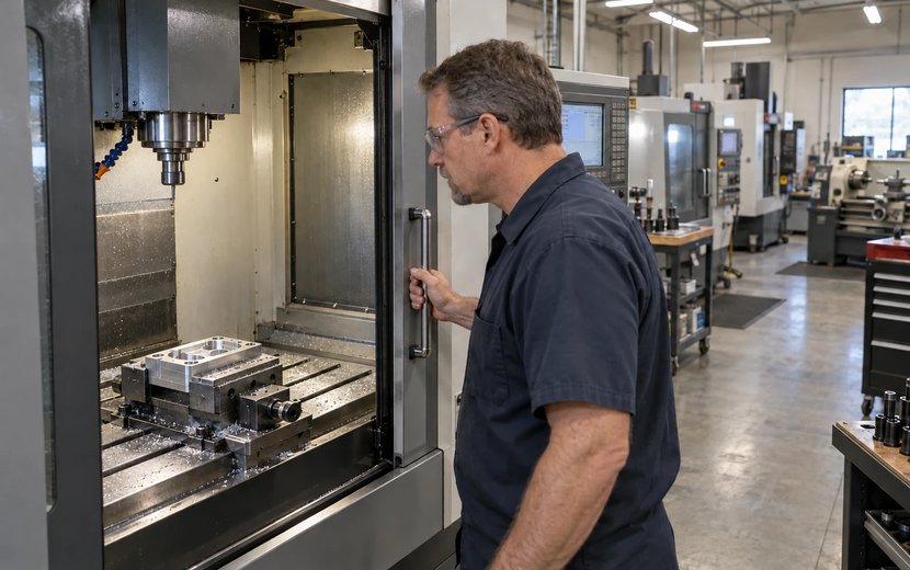 Machinist checking an aluminum part inside a CNC machining center in a small job shop