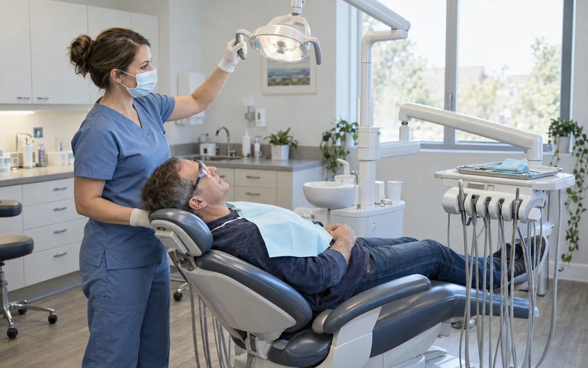 Dental hygienist adjusting the overhead light for a patient in a dental chair at a small practice