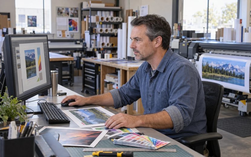 Shop owner working at a desktop computer with large format prints on his desk