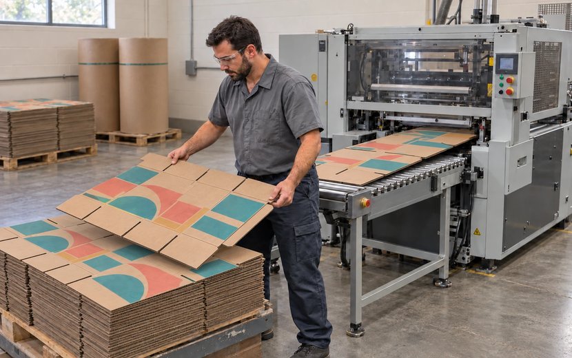 Worker stacking printed corrugated box blanks from a box making machine in a small packaging plant